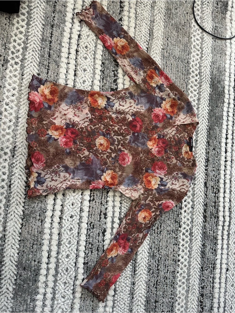 Floral Long Sleeve Mesh Top - Brown Multi